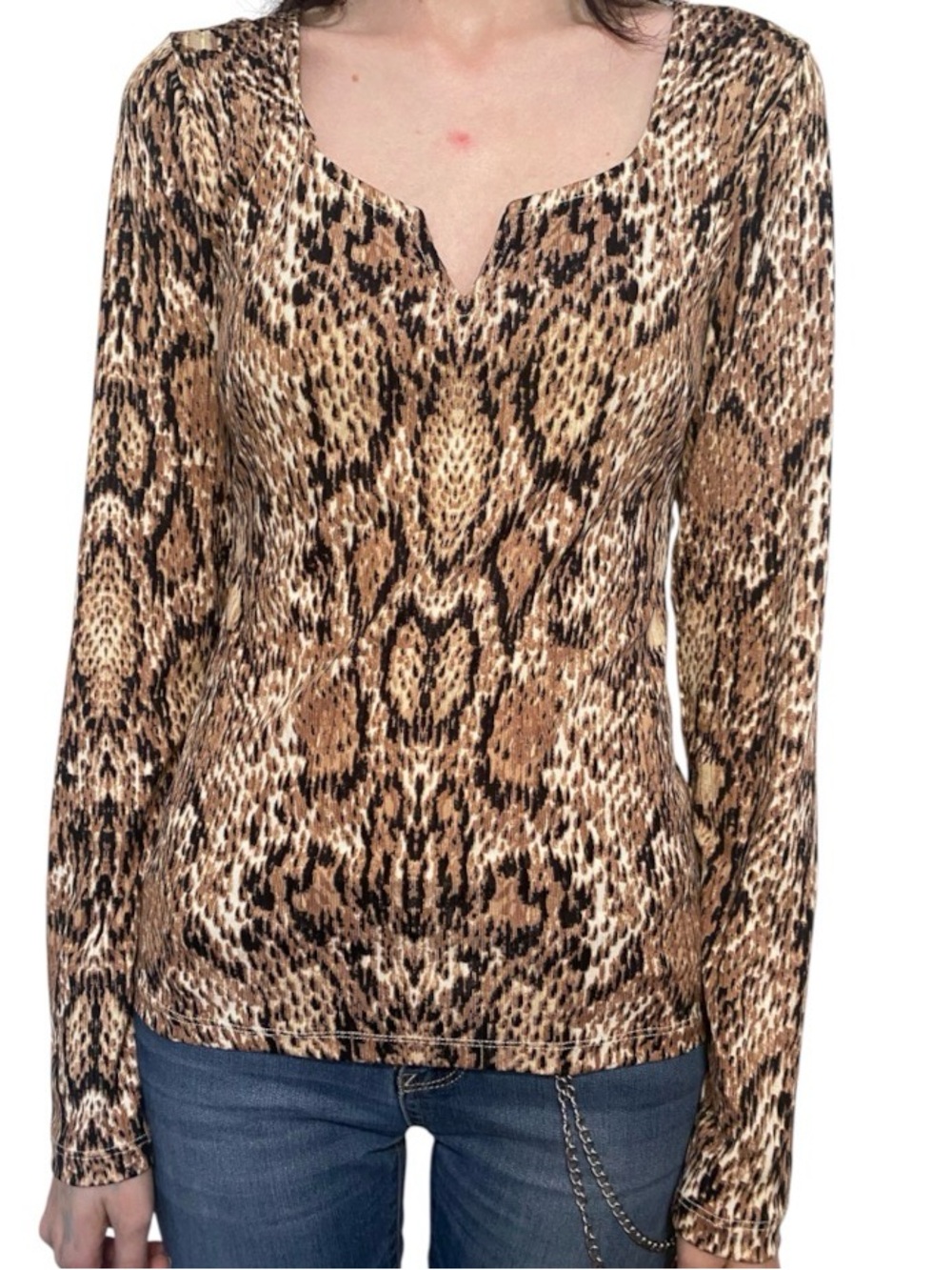 Full Circle Trend Women’s Brown Animal-Print Long Sleeve Notch-Neck Tee Size S